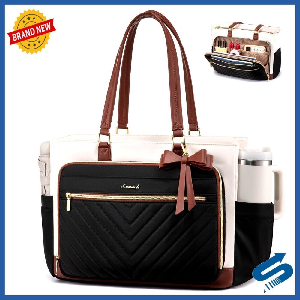 Quilted Tote Bag Multi-Pocket Laptop Work Bag Large Cup Holder Professional